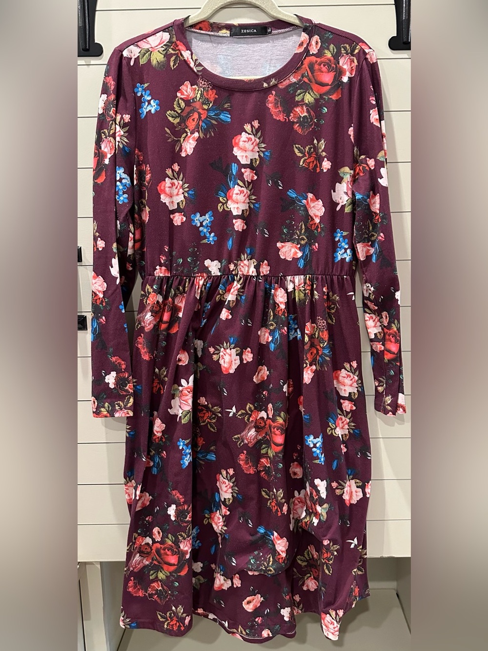Zesica Burgundy Floral Knit Long-Sleeve Dress Size XL Women’s